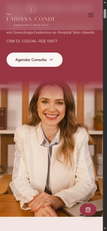 Trecho móvel com CTA no alto e retrato da médica abaixo, com botão fixo de calendário.
