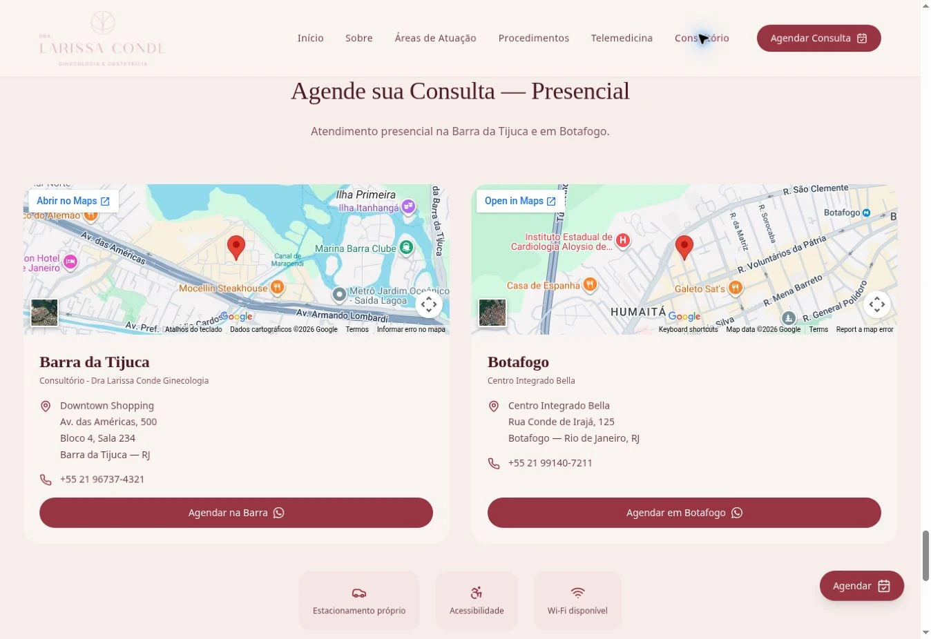 Cards de Barra da Tijuca e Botafogo lado a lado, com mapas carregados, endereços, telefones e botões de WhatsApp.