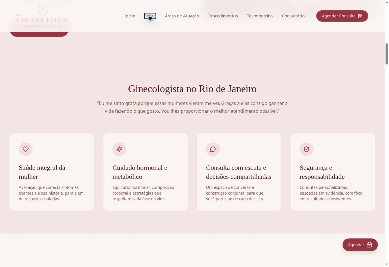 Citação centralizada e quatro cards claros com ícones, títulos e textos sobre fundo rosé.