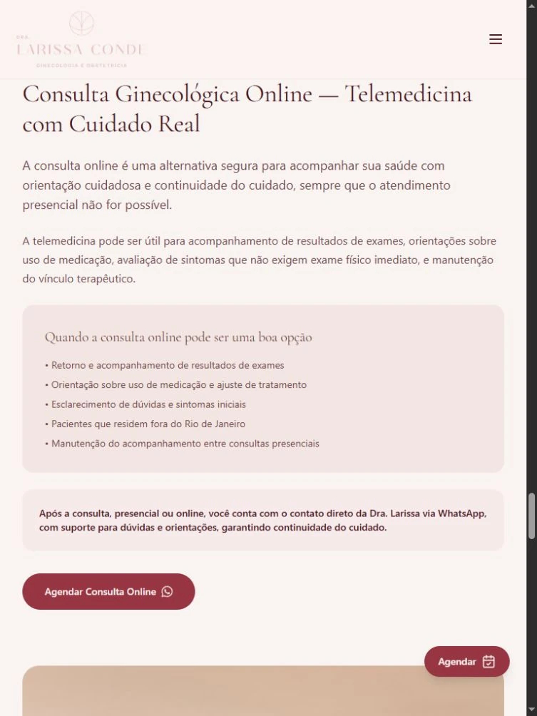 Seção de telemedicina da Dra. Larissa no tablet com explicação, lista de situações e chamada de consulta online.