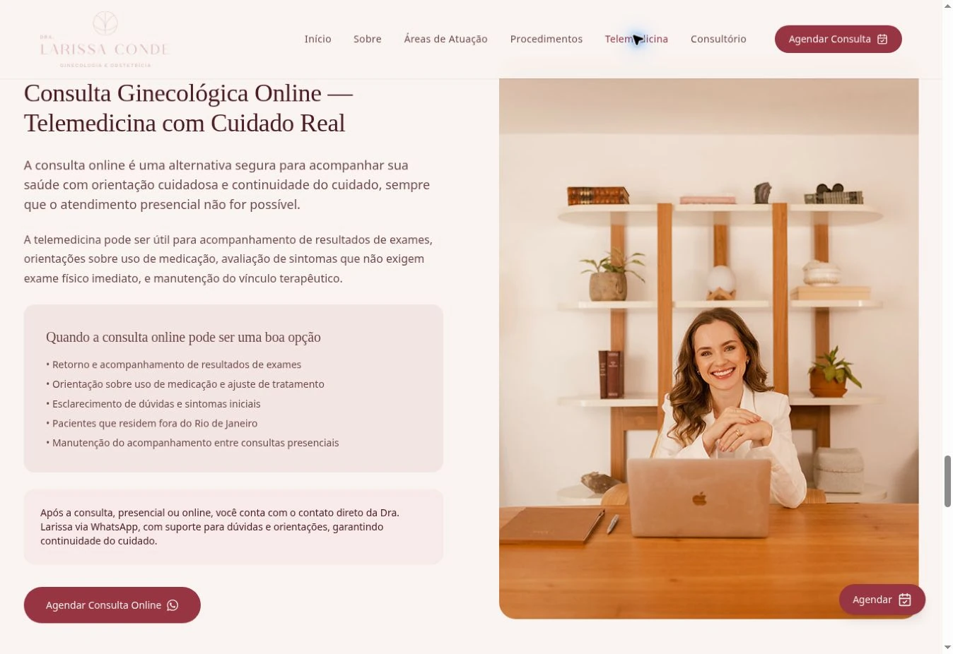 Seção de telemedicina com texto, blocos de apoio e CTA à esquerda e fotografia da médica com notebook à direita.