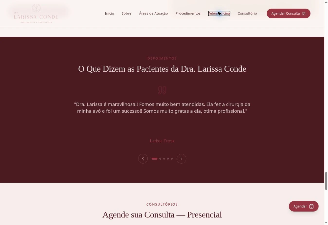 Faixa vinho escura com um depoimento, seletores e setas; início da seção de consultórios abaixo.