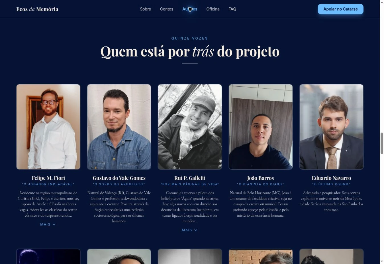 Início da grade de autores no desktop, com cinco retratos lado a lado, nomes, obras e apresentações.