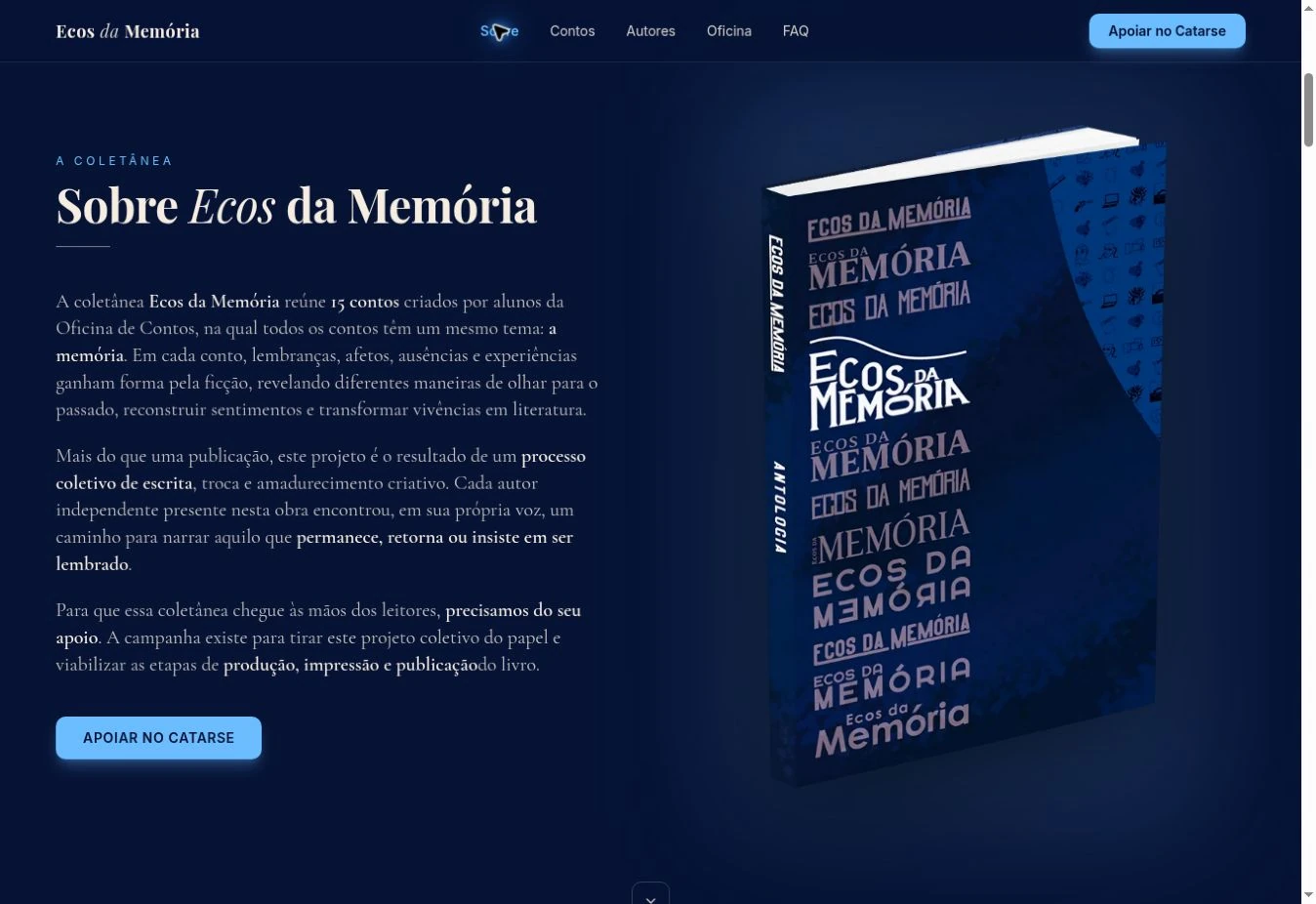 Apresentação da coletânea em duas colunas, com texto à esquerda e mockup do livro à direita.