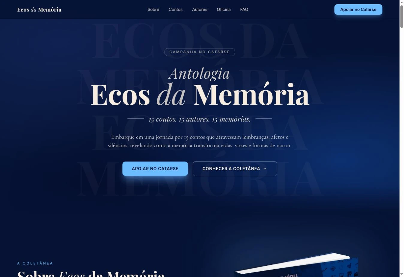 Abertura tipográfica com título Ecos da Memória, repetição ao fundo, dois botões e começo da seção sobre o livro.