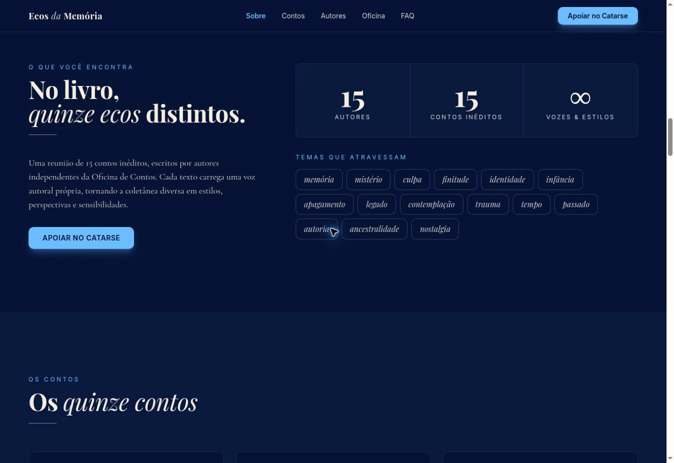 Apresentação de Ecos da Memória no desktop, com texto, números da antologia e temas da obra.