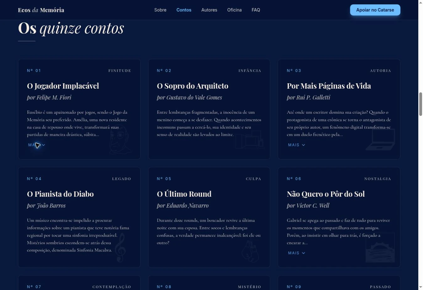 Grade desktop de contos com sinopse ainda truncada e botão Mais no primeiro card, apesar do nome do arquivo.