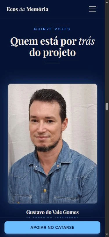Início dos autores no celular com título, retrato completo, nome e faixa fixa de apoio na base.