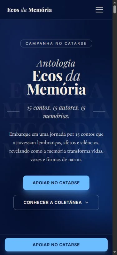 Hero no celular com título da antologia, apresentação, botões empilhados e faixa fixa de apoio.