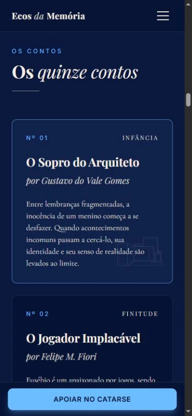 Início da seção de contos em uma coluna no celular, com um card completo e parte do seguinte.