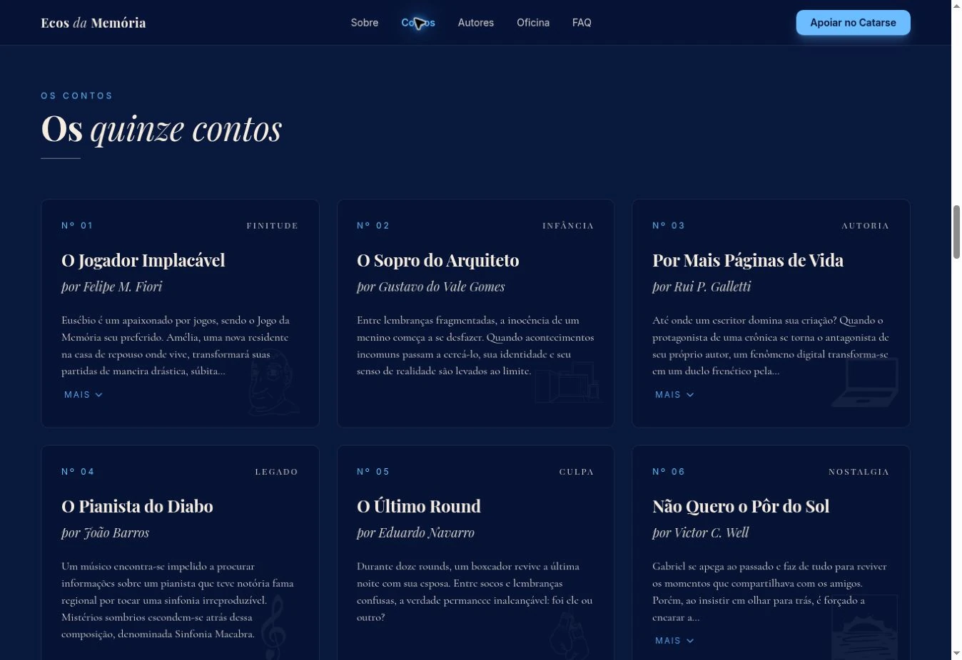 Grade desktop de contos em três colunas, com títulos, autores, temas e sinopses recolhidas quando maiores.