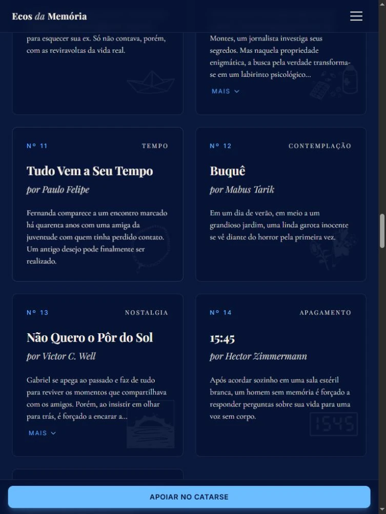 Grade de contos de Ecos da Memória em tablet, com títulos, nomes dos autores e resumos.