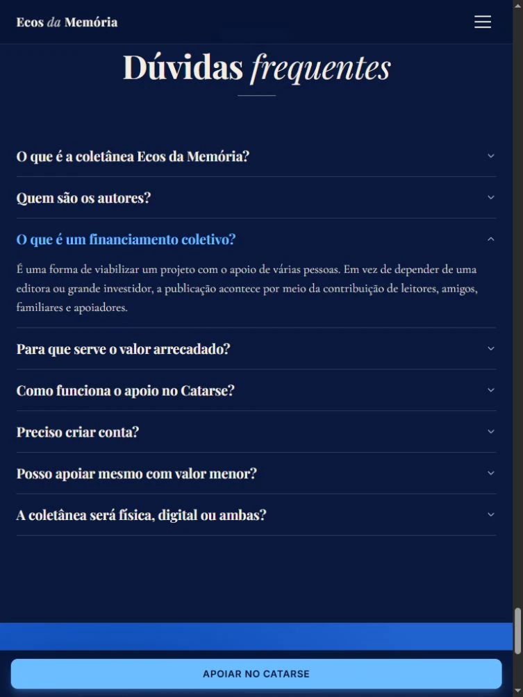 FAQ de Ecos da Memória no tablet com a resposta sobre financiamento coletivo aberta e CTA fixo do Catarse.