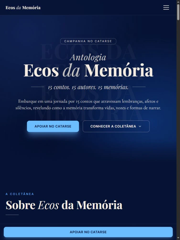 Abertura em tablet com título, CTAs e começo da apresentação do livro, junto da faixa fixa de apoio.