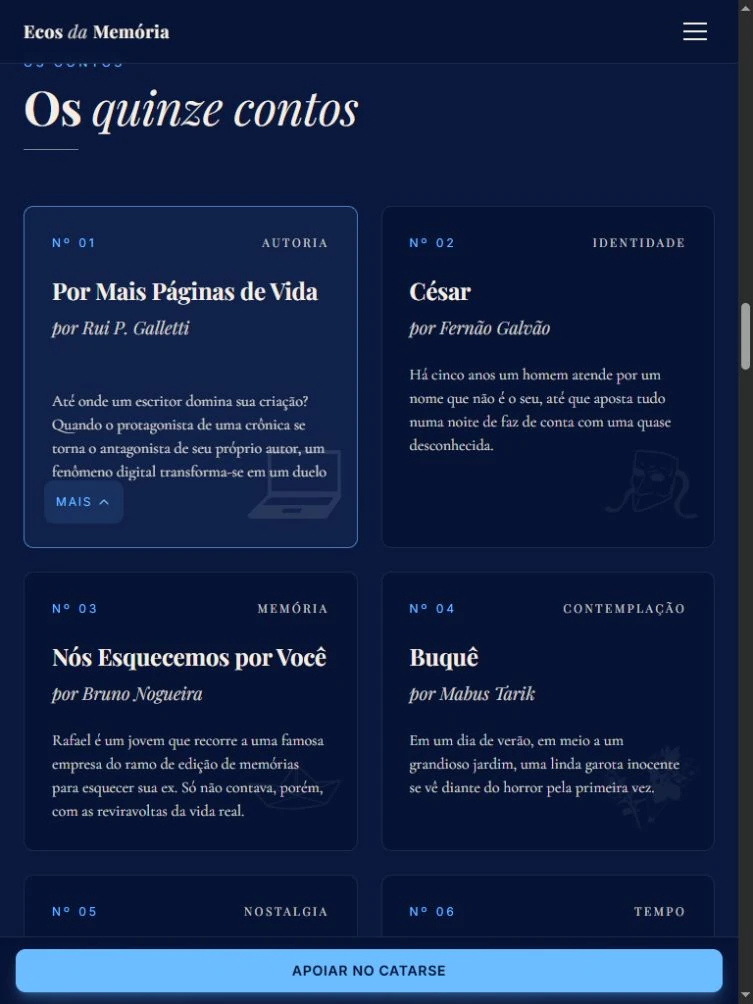 Contos em duas colunas no tablet, com título da seção, textos e faixa fixa de apoio na base.