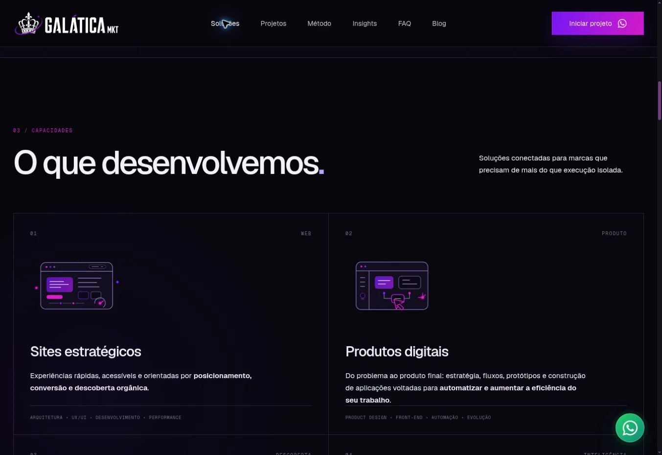 Start of the O que desenvolvemos section, with side-by-side cards for websites and digital products.