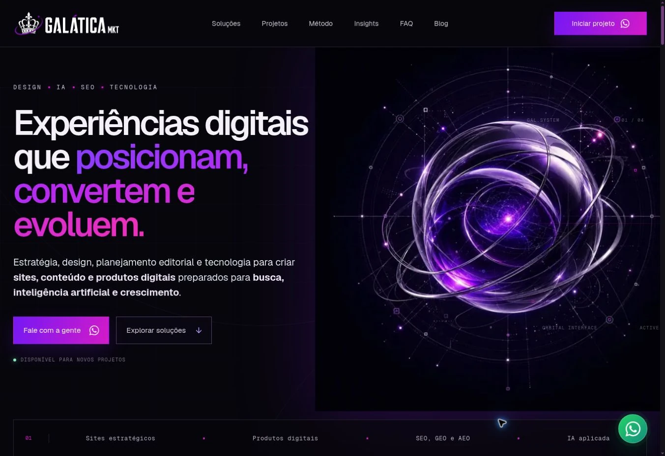 Desktop opening with Galática's logo, a heading with purple accents, an orbital sphere on the right, and two action buttons.