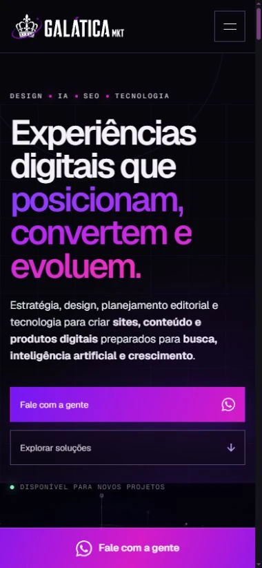 Mobile opening with a heading, stacked buttons, collapsed navigation, and a fixed contact bar at the bottom.