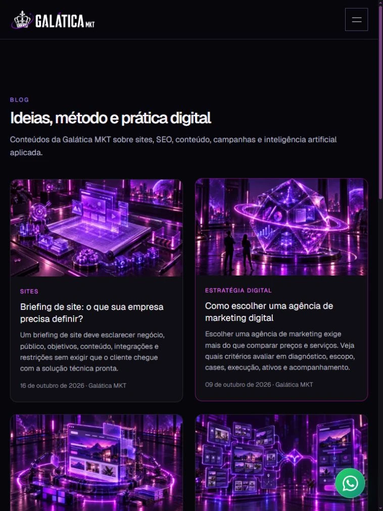 Galática blog opening on tablet, with an introduction and articles in two columns.