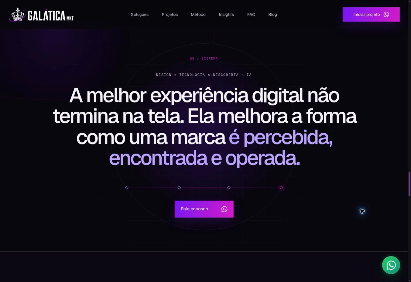 Centered statement on a dark background, with a large heading, lilac highlights, orbital lines, and a gradient button.