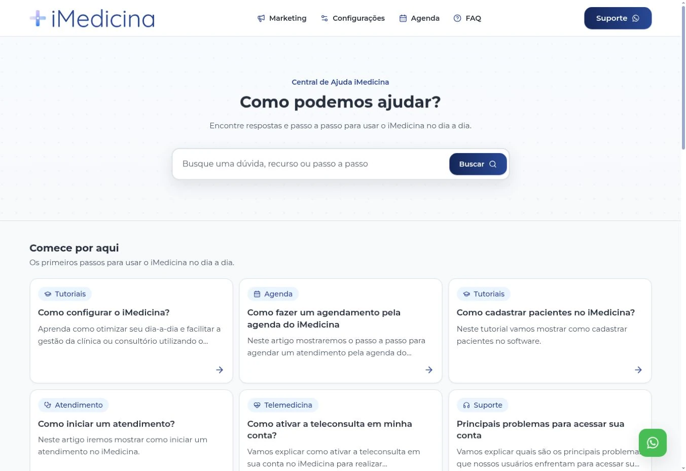 Página inicial da Central de Ajuda do iMedicina, com busca e atalhos de primeiros passos.