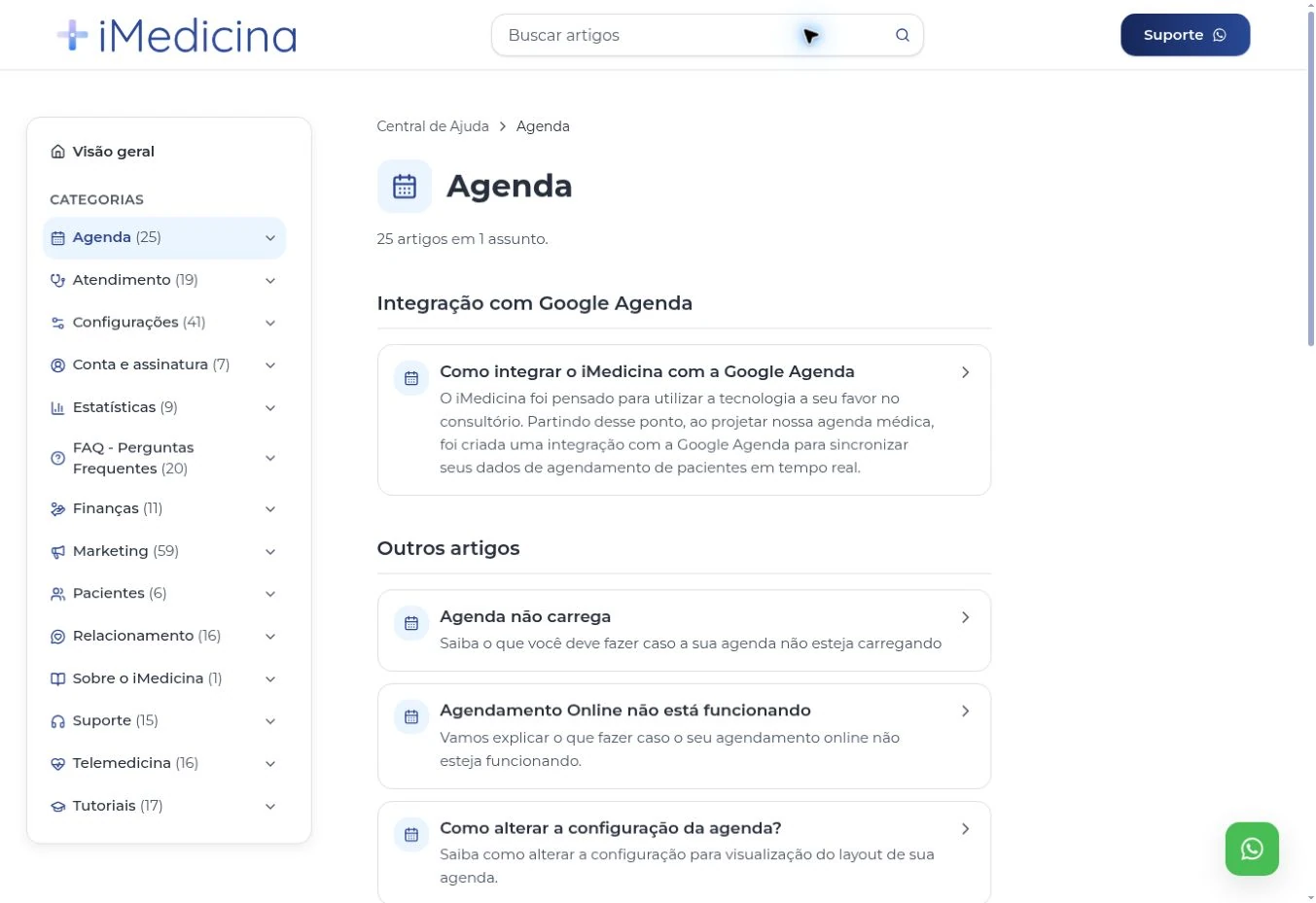 Página da categoria Agenda, com navegação de categorias recolhida e lista de artigos.