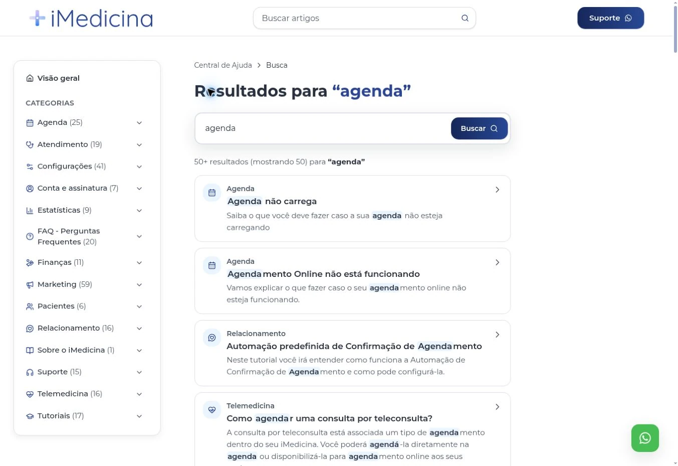 Resultados da busca por agenda com categoria, título e resumo de cada artigo.