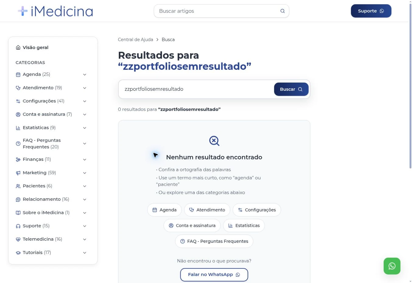 Busca sem resultados na Central de Ajuda, com sugestões de consulta e acesso ao suporte.