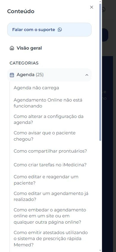 Painel de conteúdo aberto no celular, com a categoria Agenda expandida.