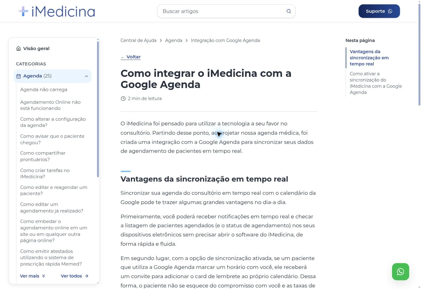 Artigo da Central de Ajuda com navegação à esquerda, texto central e índice à direita.