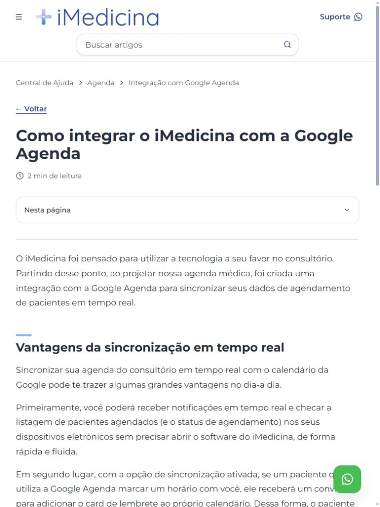 Artigo da Central de Ajuda em tablet, com título sobre Google Agenda, navegação e início do conteúdo.