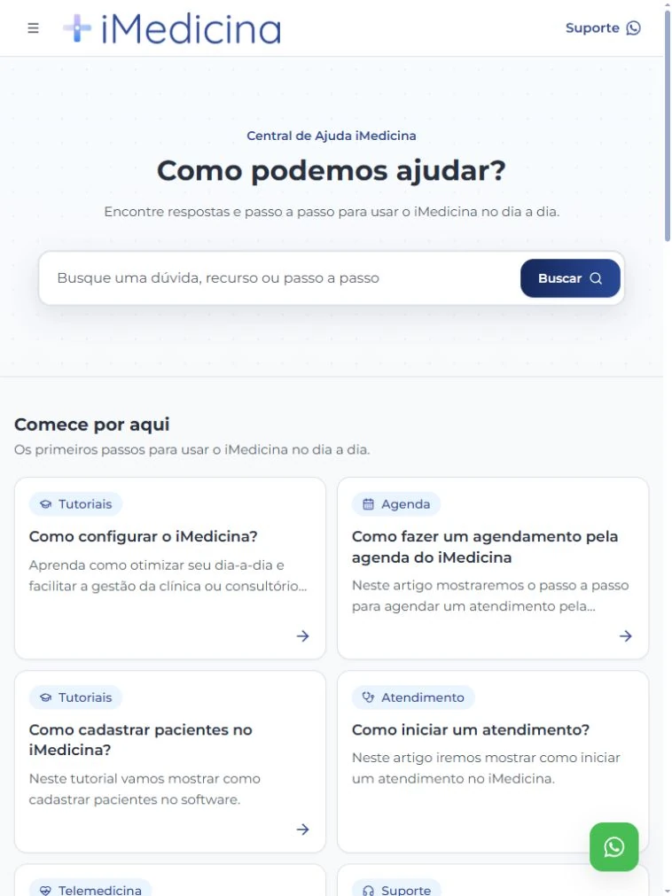 Página inicial da Central de Ajuda no tablet, com busca e atalhos em duas colunas.