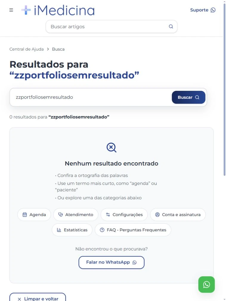 Busca da Central de Ajuda no tablet sem resultados, com sugestões, categorias e acesso ao suporte.