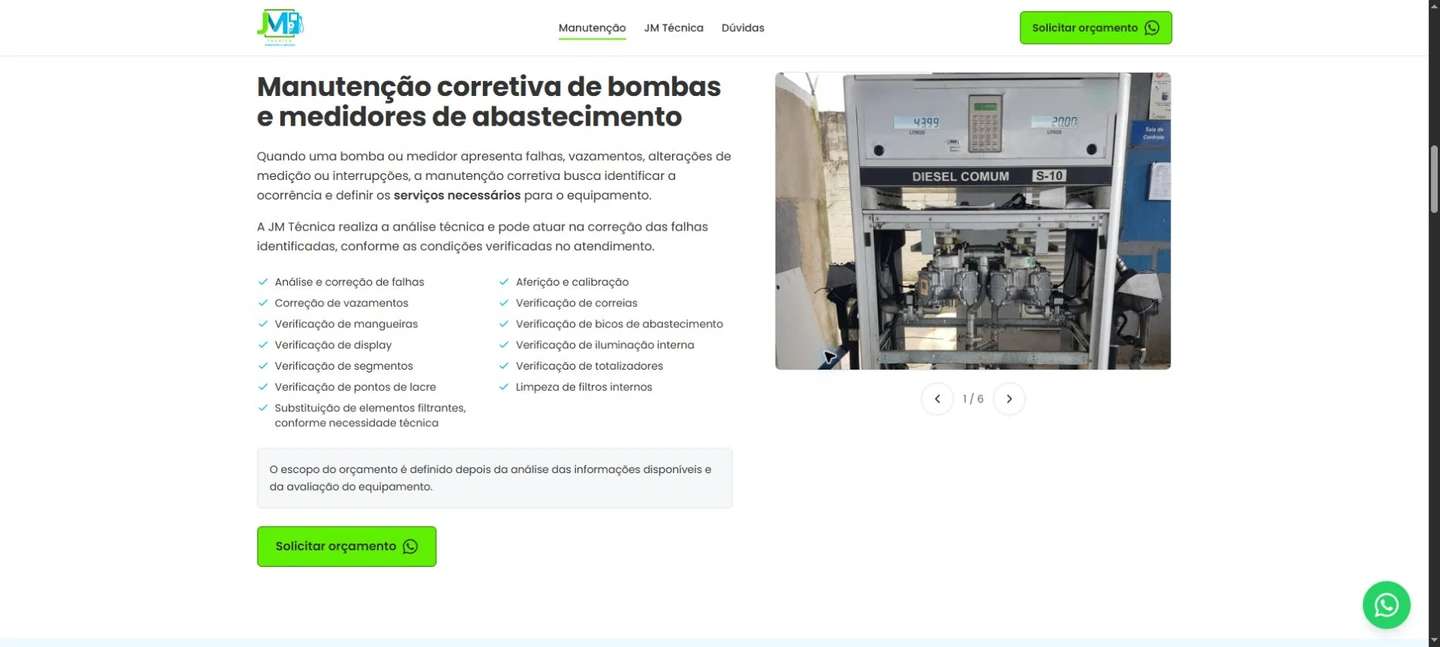 Seção de manutenção corretiva com texto, lista de atividades, botão de orçamento e galeria em 1 de 6.