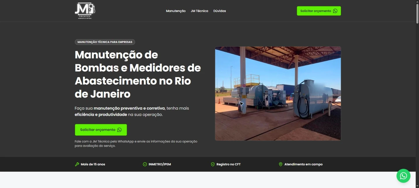 Abertura desktop da LP de manutenção, com título sobre bombas e medidores no Rio de Janeiro, fotografia e botão de orçamento.