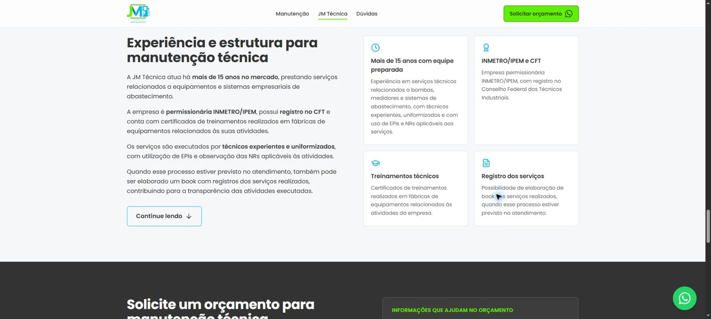 Experiência e estrutura da JM no desktop, com texto, fotografia e cartões informativos.