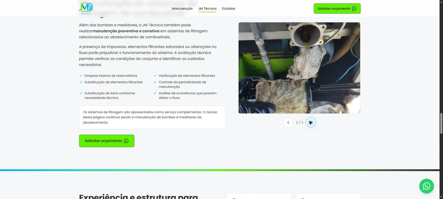 Trecho de filtragem da JM no desktop com texto técnico, fotografia e início da próxima seção.