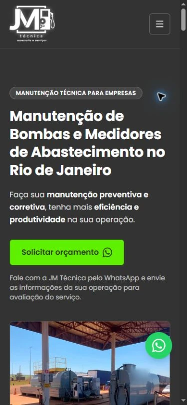 Abertura no celular com menu recolhido, título, botão de orçamento, início da fotografia e WhatsApp circular flutuante.
