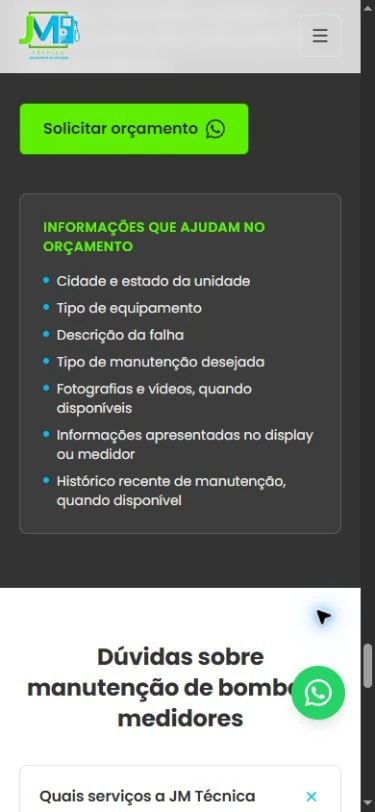 Continuação do orçamento no celular com botão, lista de informações e início do FAQ abaixo.