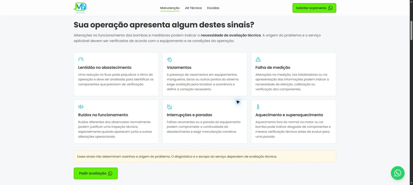 Seis cards de sinais em três colunas, nota sobre avaliação técnica e botão Pedir avaliação abaixo.