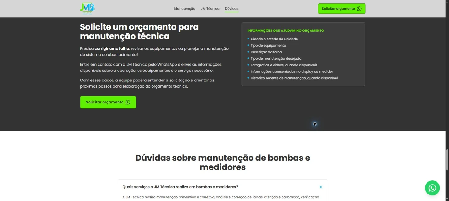 Bloco escuro de orçamento com texto e botão à esquerda, lista de informações à direita e início do FAQ abaixo.