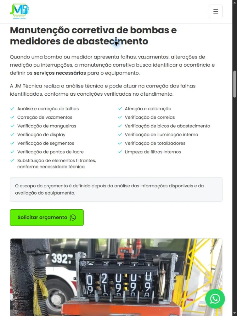 Manutenção corretiva da JM no tablet, com explicação, lista de atividades, botão e fotografia.