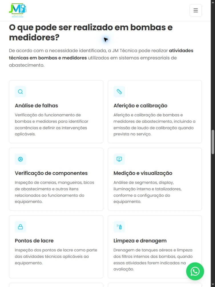 Escopo técnico em tablet, com introdução e seis cards distribuídos em duas colunas.