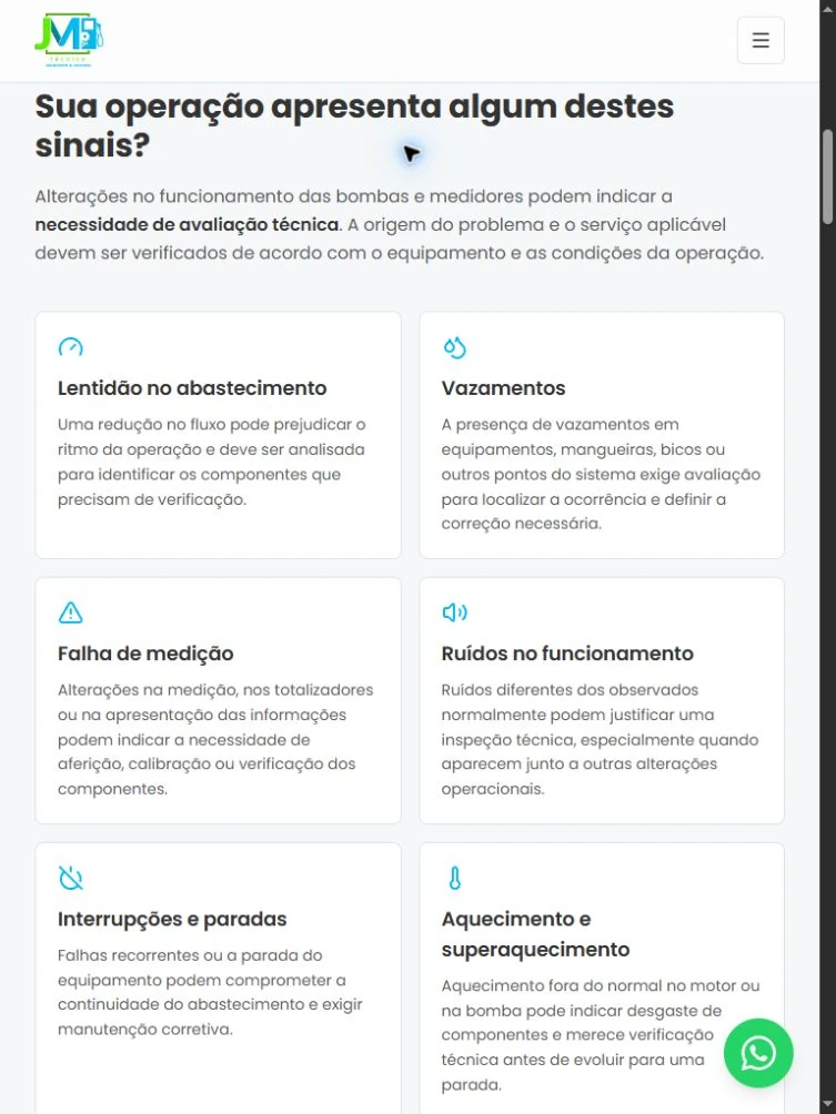 Seção de sinais em tablet, com título, explicação e seis cards em duas colunas, junto do botão circular de WhatsApp.
