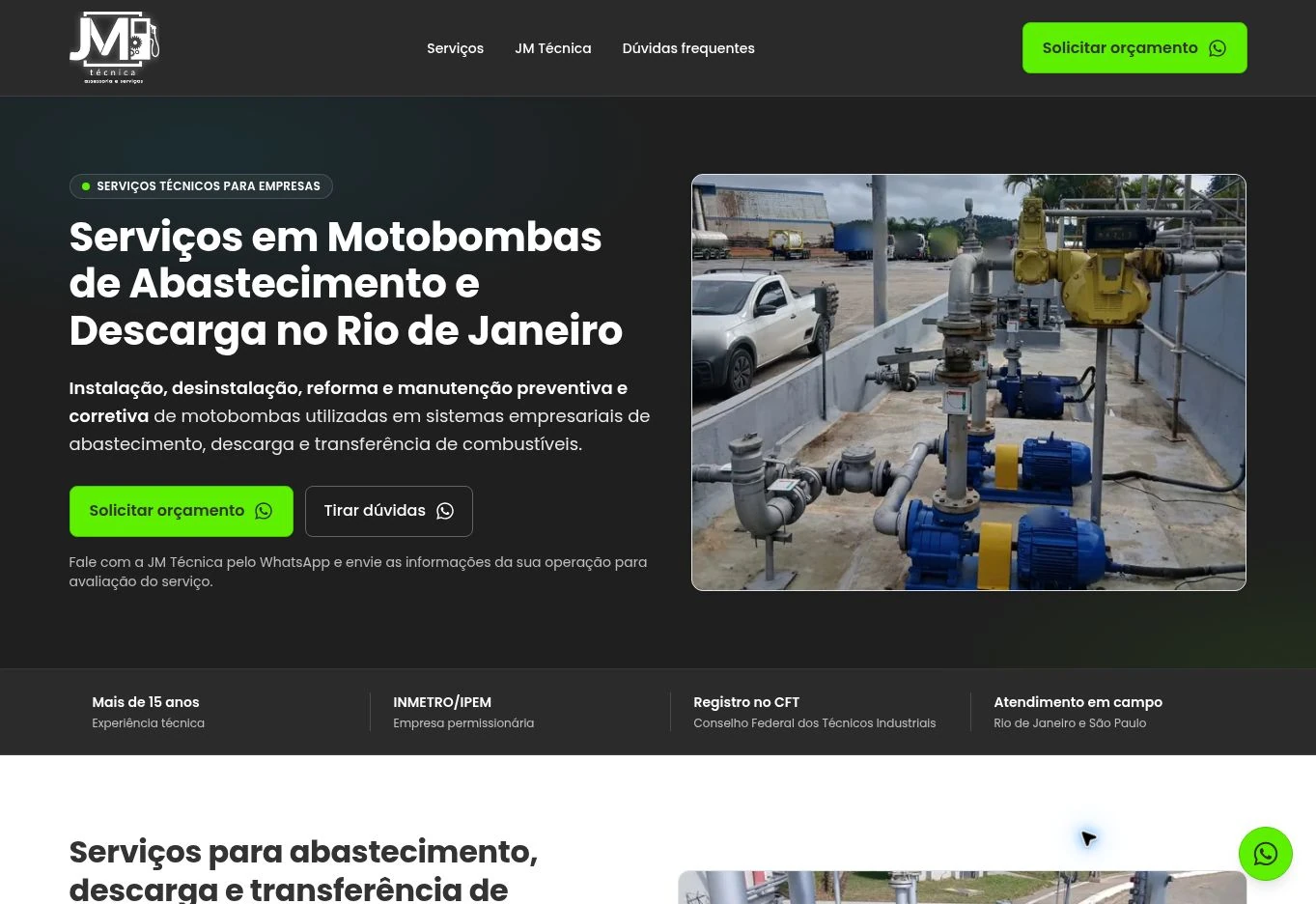 Abertura desktop com título sobre serviços em motobombas no Rio de Janeiro, fotografia de instalação e dois botões de contato.