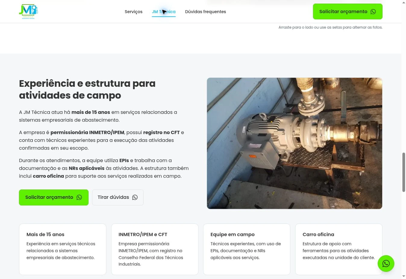 Experiência e estrutura da JM no desktop, com fotografia e quatro blocos de informação.