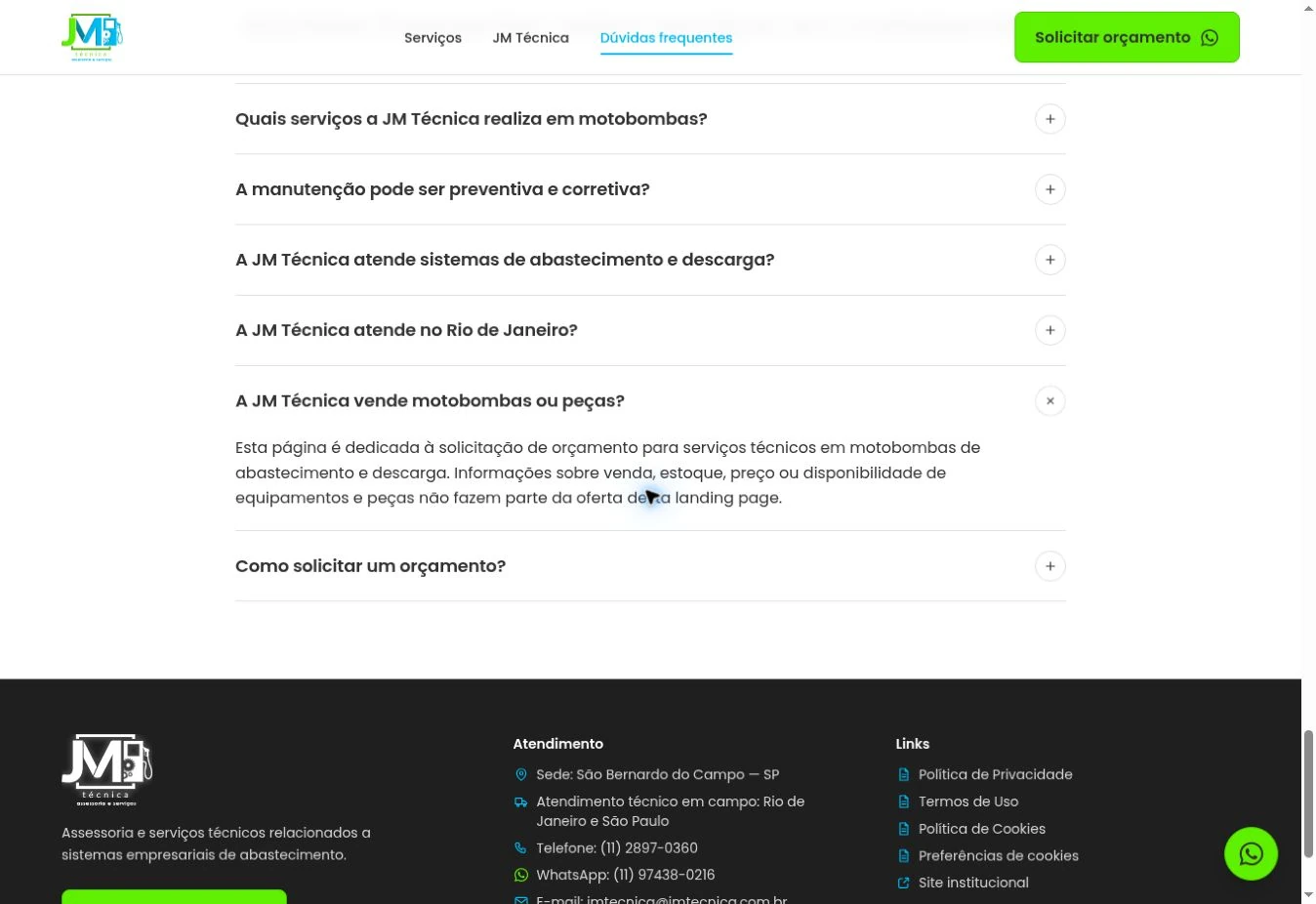 FAQ com a pergunta sobre venda de motobombas ou peças aberta e parte do rodapé abaixo.