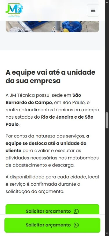 Trecho móvel sobre atendimento na unidade do cliente, com texto e ação de orçamento.