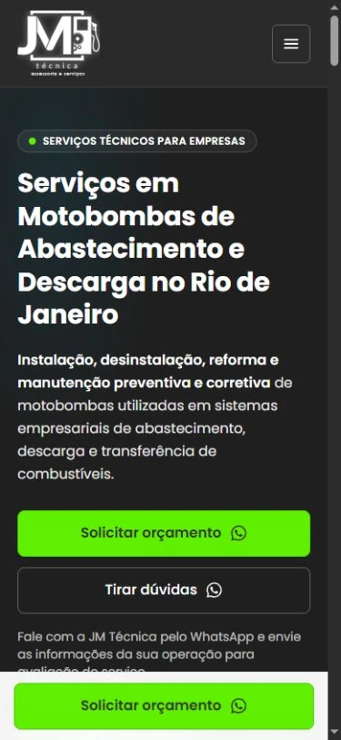 Abertura no celular com título, texto de apoio, botões empilhados e barra fixa de orçamento na base.