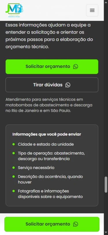 Continuação do orçamento no celular, com botões empilhados e lista de informações sobre localização, operação e equipamento.